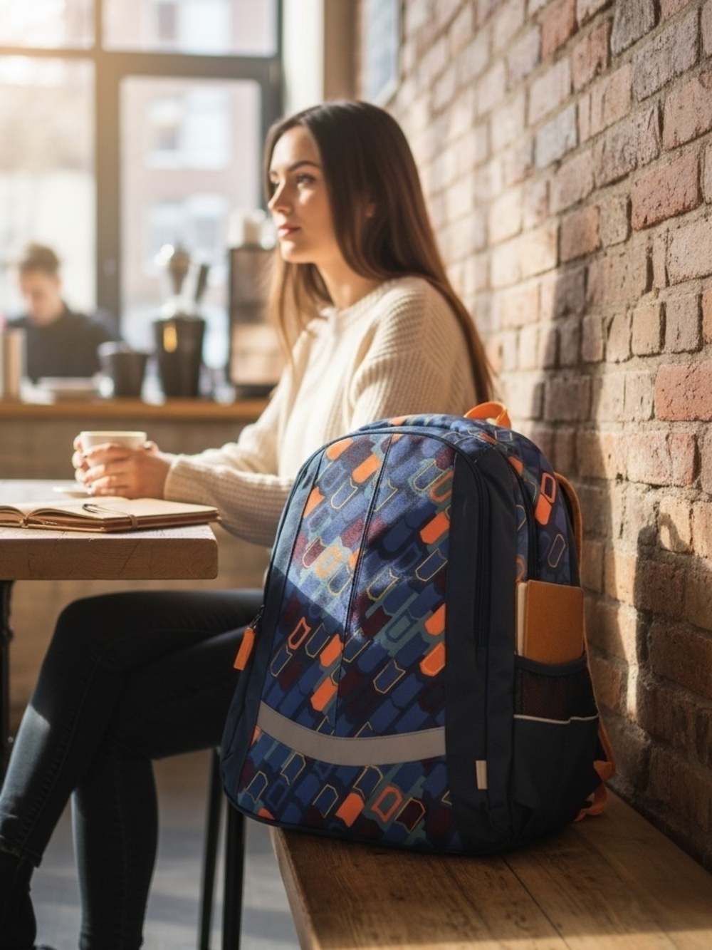 TOPMOVE School Backpack 18in Blue/Orange Geometric Polyester Rain Cover Laptop